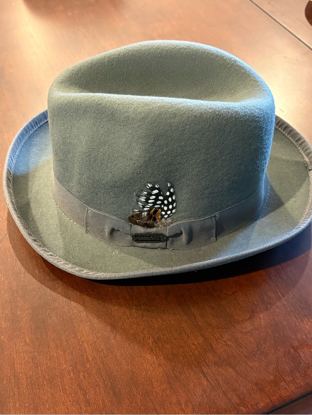 Classic Grey Wool Fedora Hat with Feather Trim 100% Wool